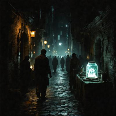 The primary subject of the image is a man walking down a dark alleyway, surrounded by a crowd of people. The setting is a narrow, dimly lit street with a brick wall on one side. The visual style appears to be a black and white photo, giving the scene a moody and dramatic atmosphere. The dominant colors are black, white, and various shades of gray, creating a sense of mystery and intrigue.